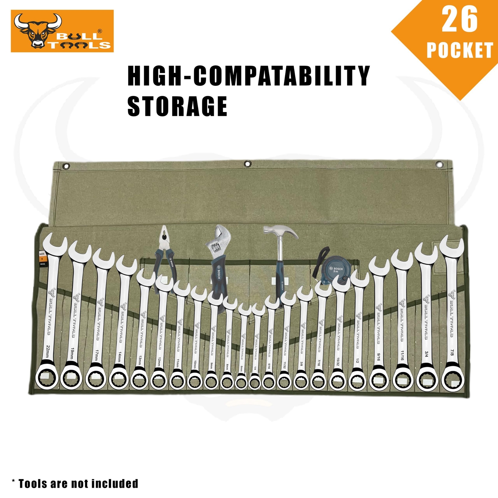 Tool Roll Organizer with 26 Pockets Durable Cotton Canvas Roll-Up Pouch