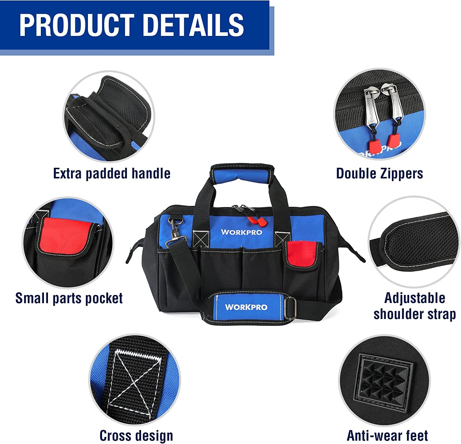 WORKPRO 14-inch Tool Bag Multi-pocket Tool Organizer with Shoulder Strap USA