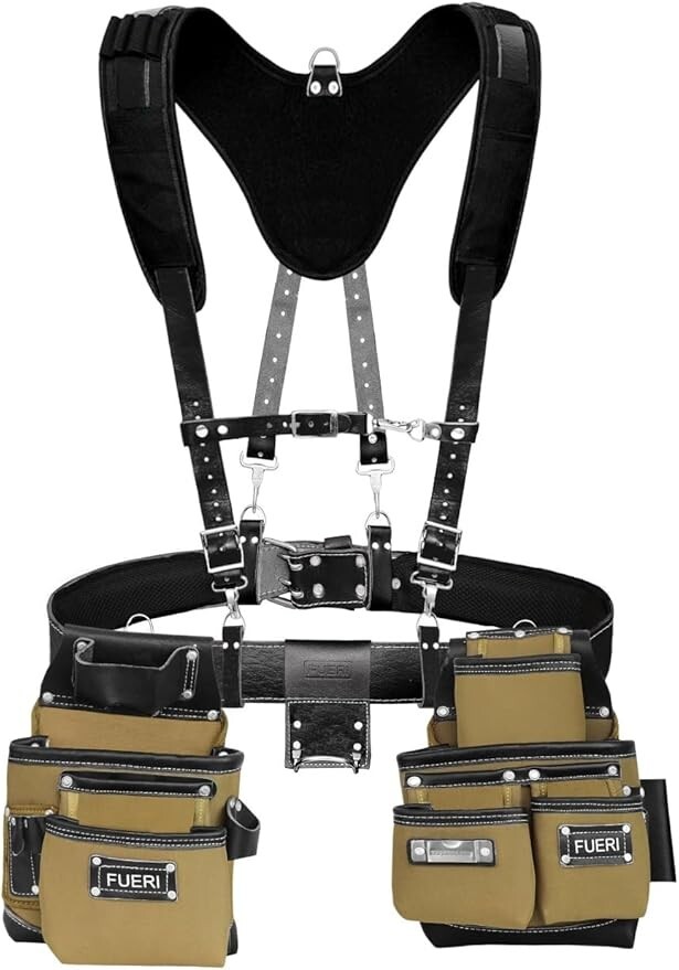 FUERI Tool Belt With Suspender Nylon Leather Belts Bag Holder Pouch Organizer