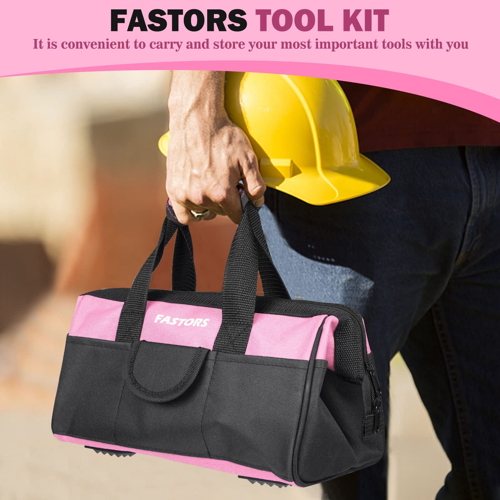 Pink 13 Inch Wide Mouth Double Zipper Tool Bag 8 Outside 2 Inside Pockets