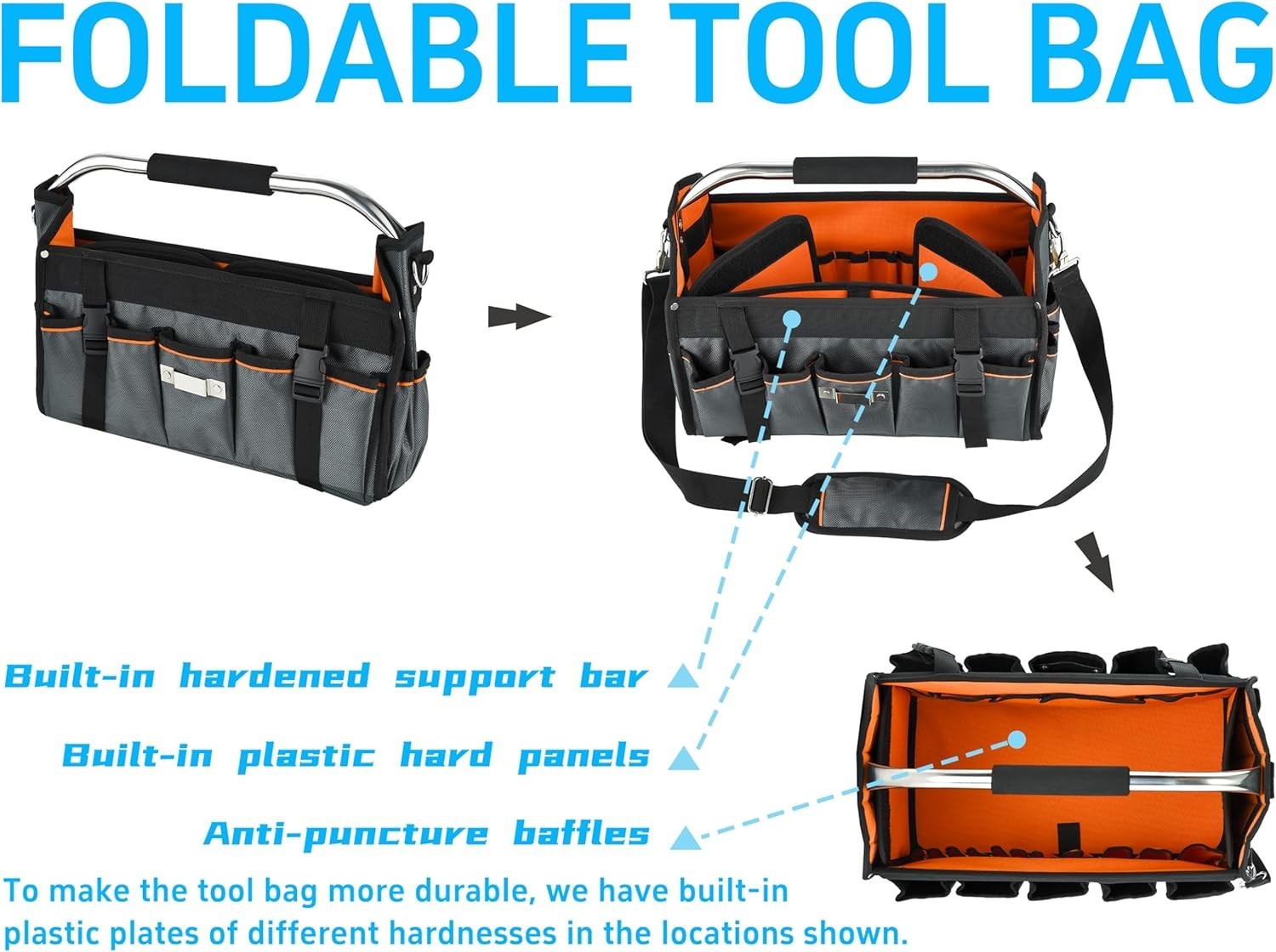 16 Inch Open Top Tool Bag, Foldable 29 Pockets Tool Tote Bag with Handle & Padde