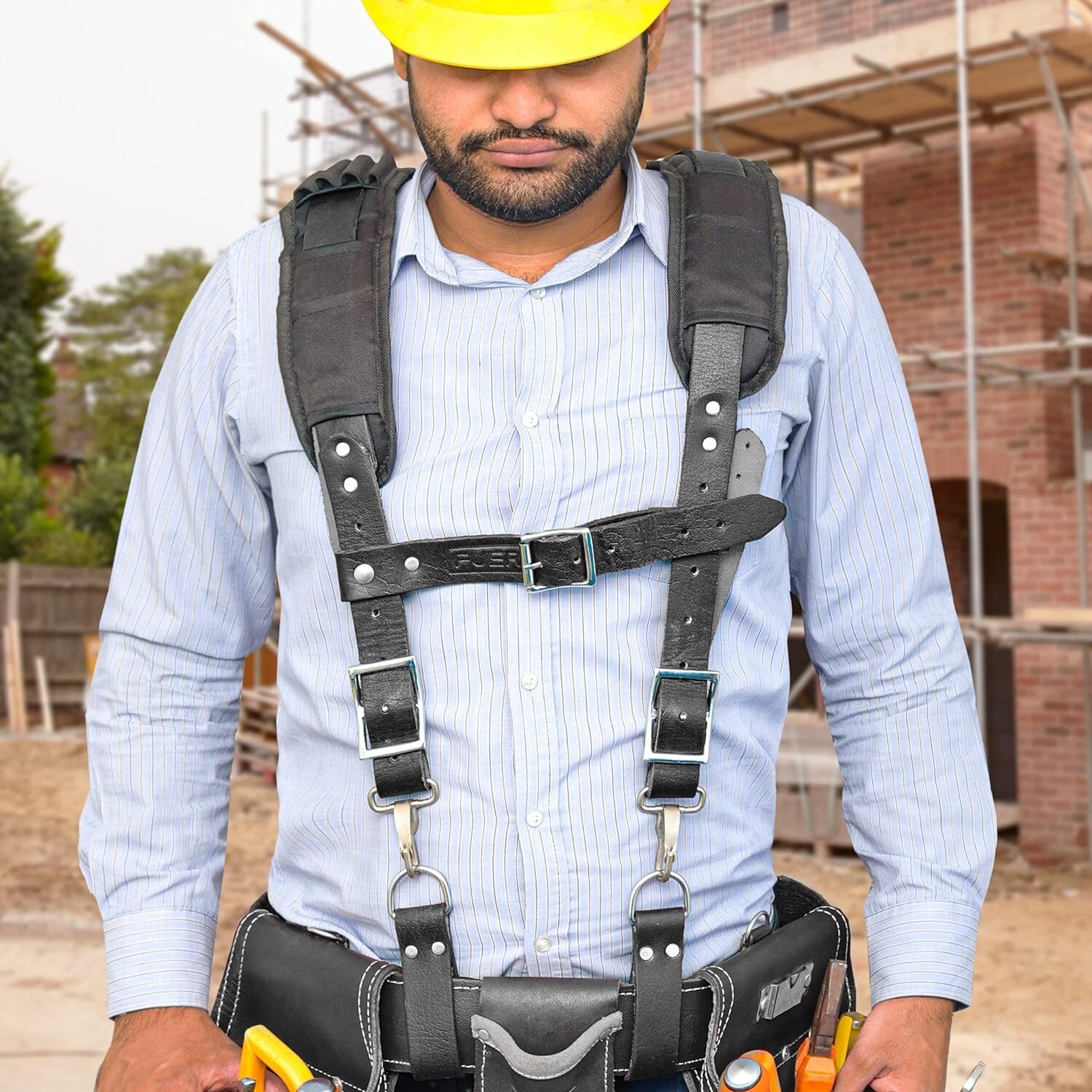 Leather Tool Belt With Suspenders Adjustable Padded Carpenter Tool Pouch Bag