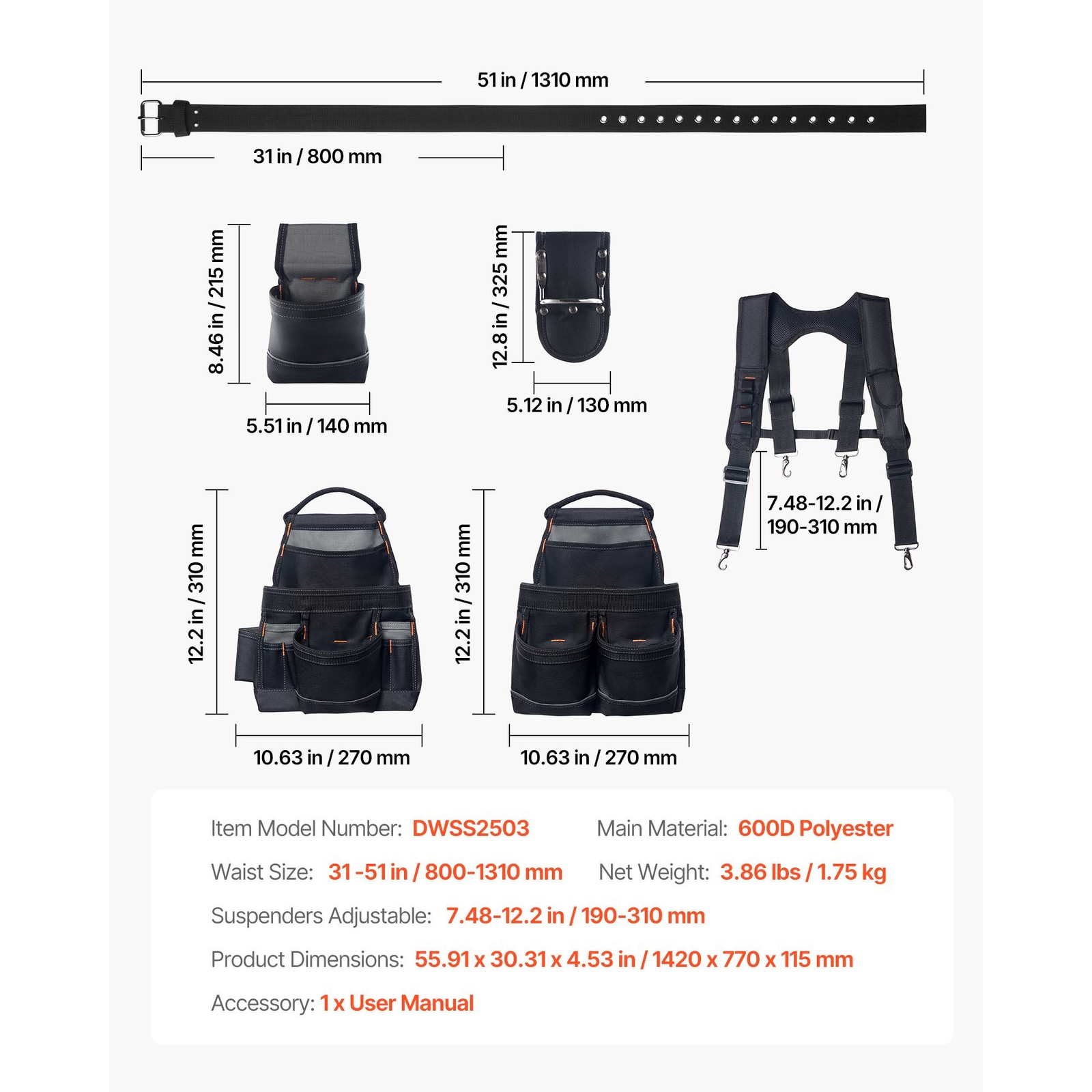 Professional Tool Belt — 19 Pockets, Suspenders, 31-51in Waist