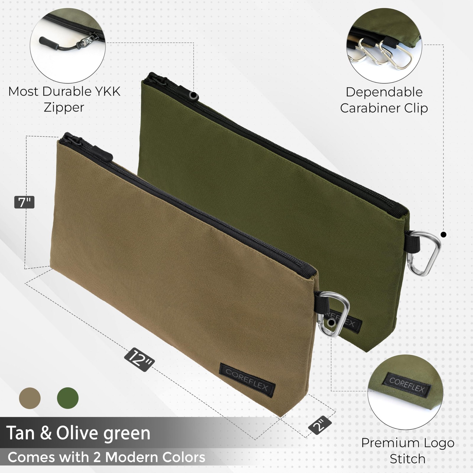 2 Pack Premium Tool Pouch Zipper Bag with Internal Pockets – Tan, Olive