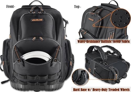 72-Pocket Rolling Tool Backpack – Large Wheeled Electrician Bag for Tools, Gear