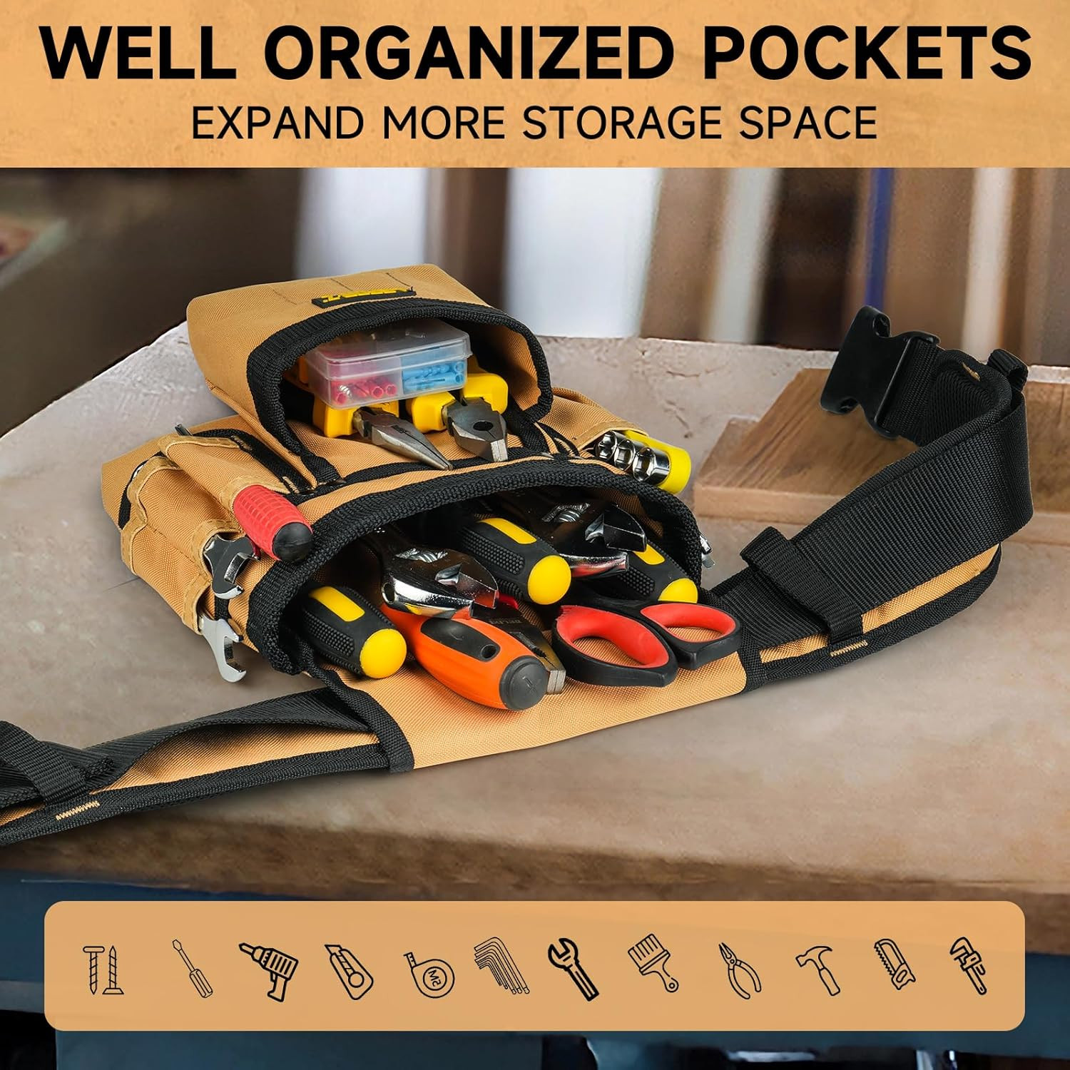 Tool Belt,Magnetic Tool Pouch,27-Pockets Heavy Duty Padded Tool Belts for Men,De