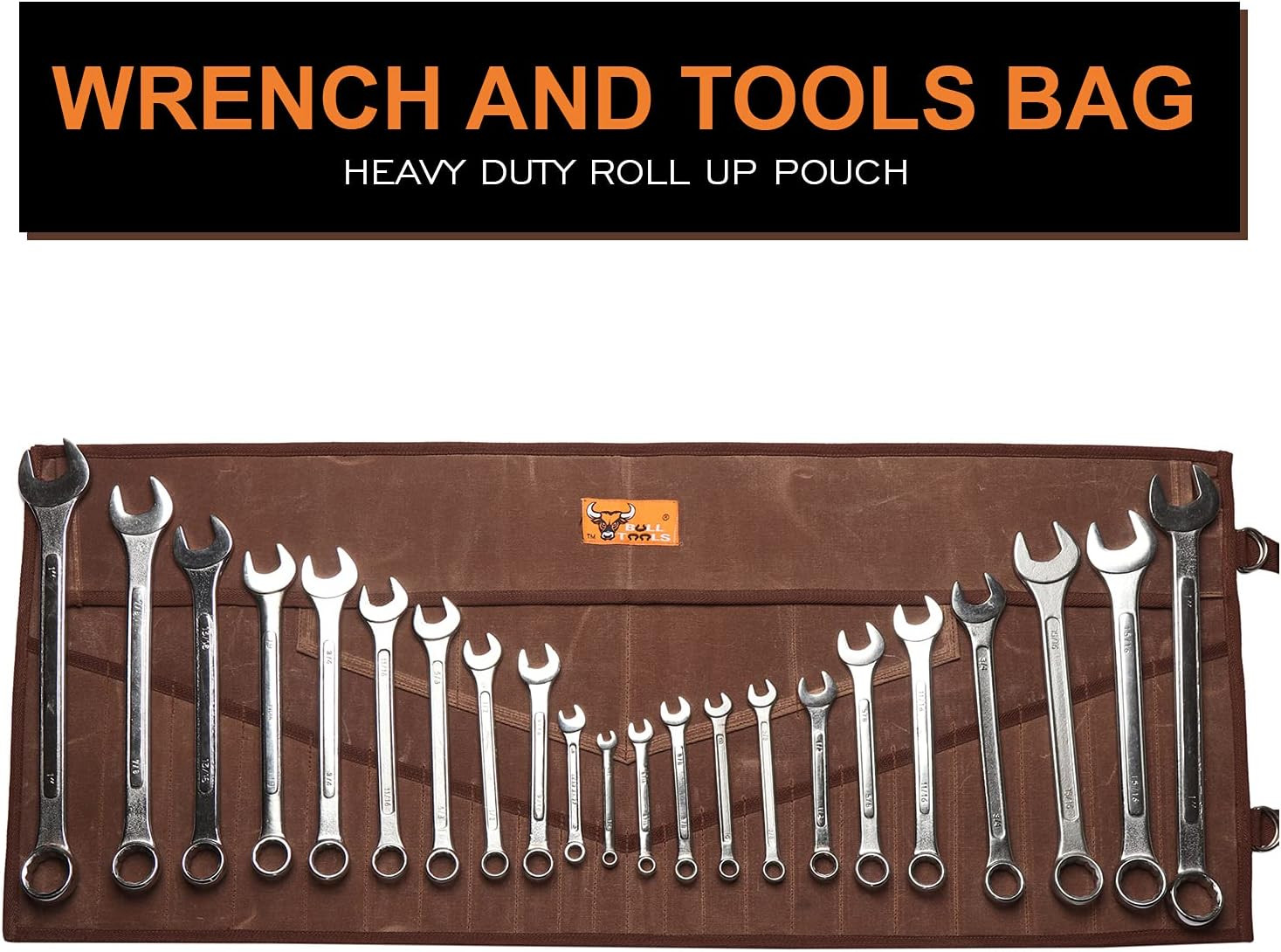 BULL TOOLS 26 Pocket Wrench Organizer Roll-Up Bag Handcrafted Waxed Canvas Tool