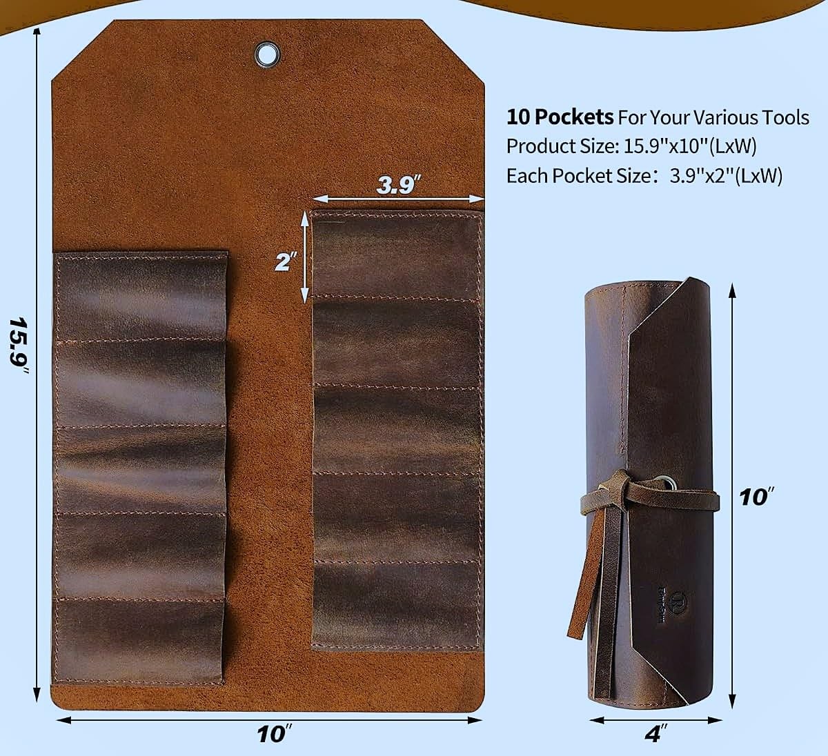 Leather Tool Roll Up Pouch (10 Slots) – Leather Tool Wrench Roll/Chisel Bag P…