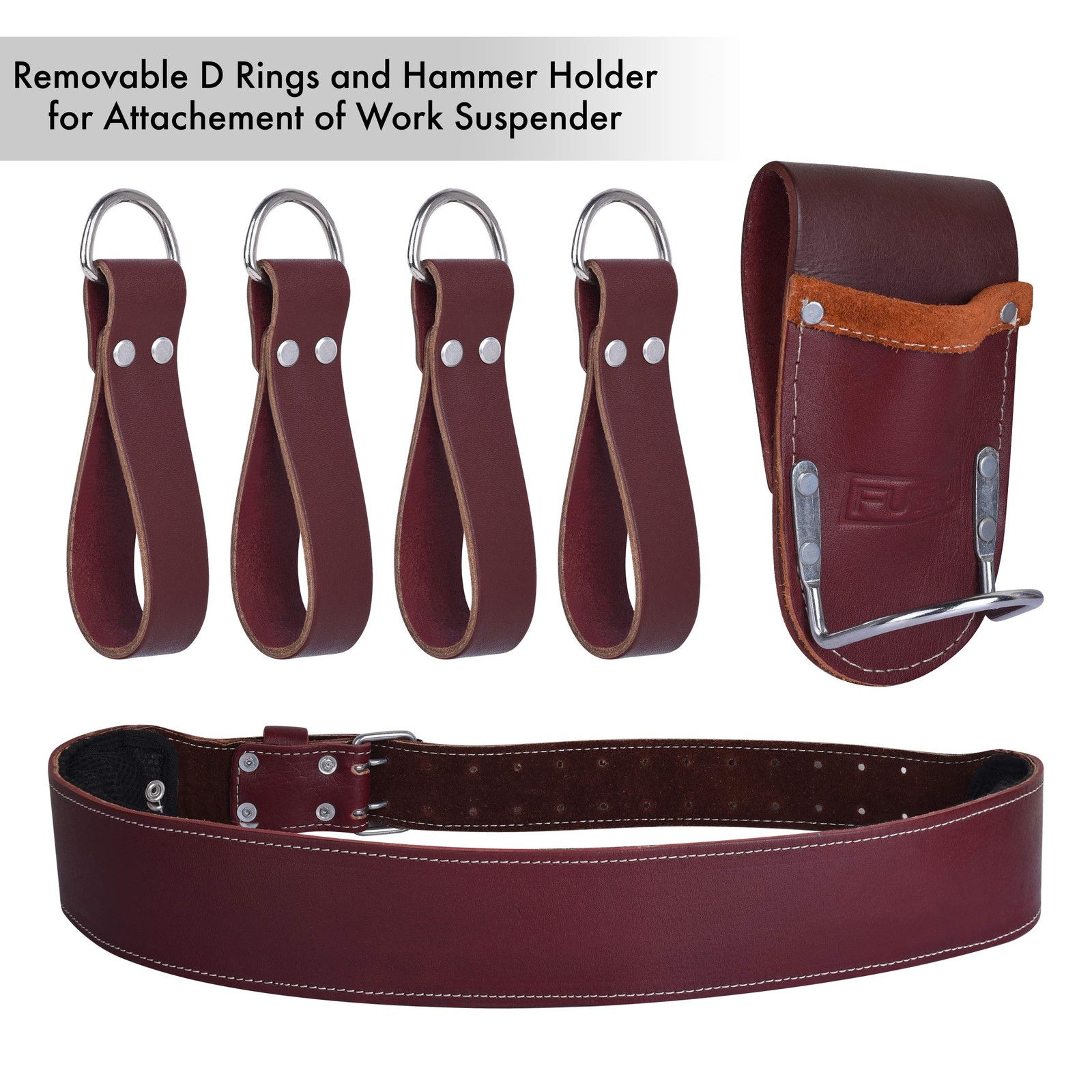 FUERI Leather Tool Belts for Men, Heavy-Duty Adjustable, Maroon Belt