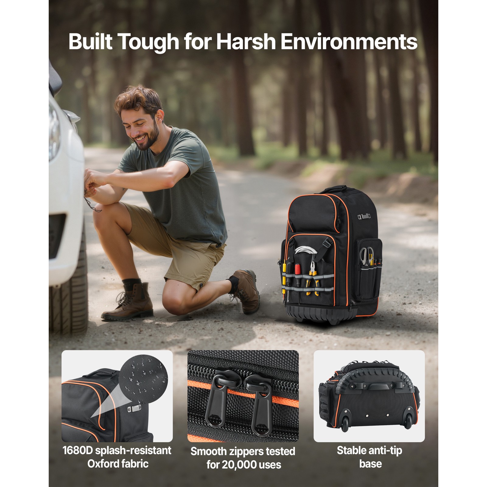 Uimoso Rolling Tool Backpack 72 Pockets Heavy Duty 15″ Roller Tool Bag on Wheels