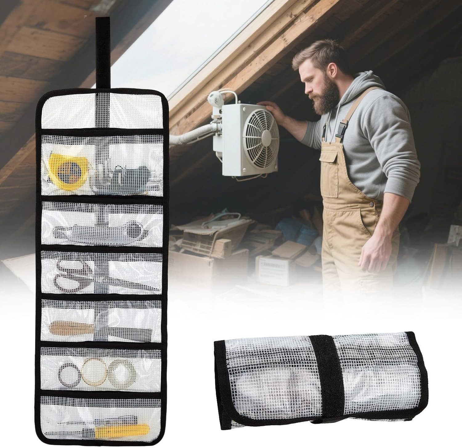 Small Roll Up Tool Storage Bag 6 Pocket Organizer Transparent Travel