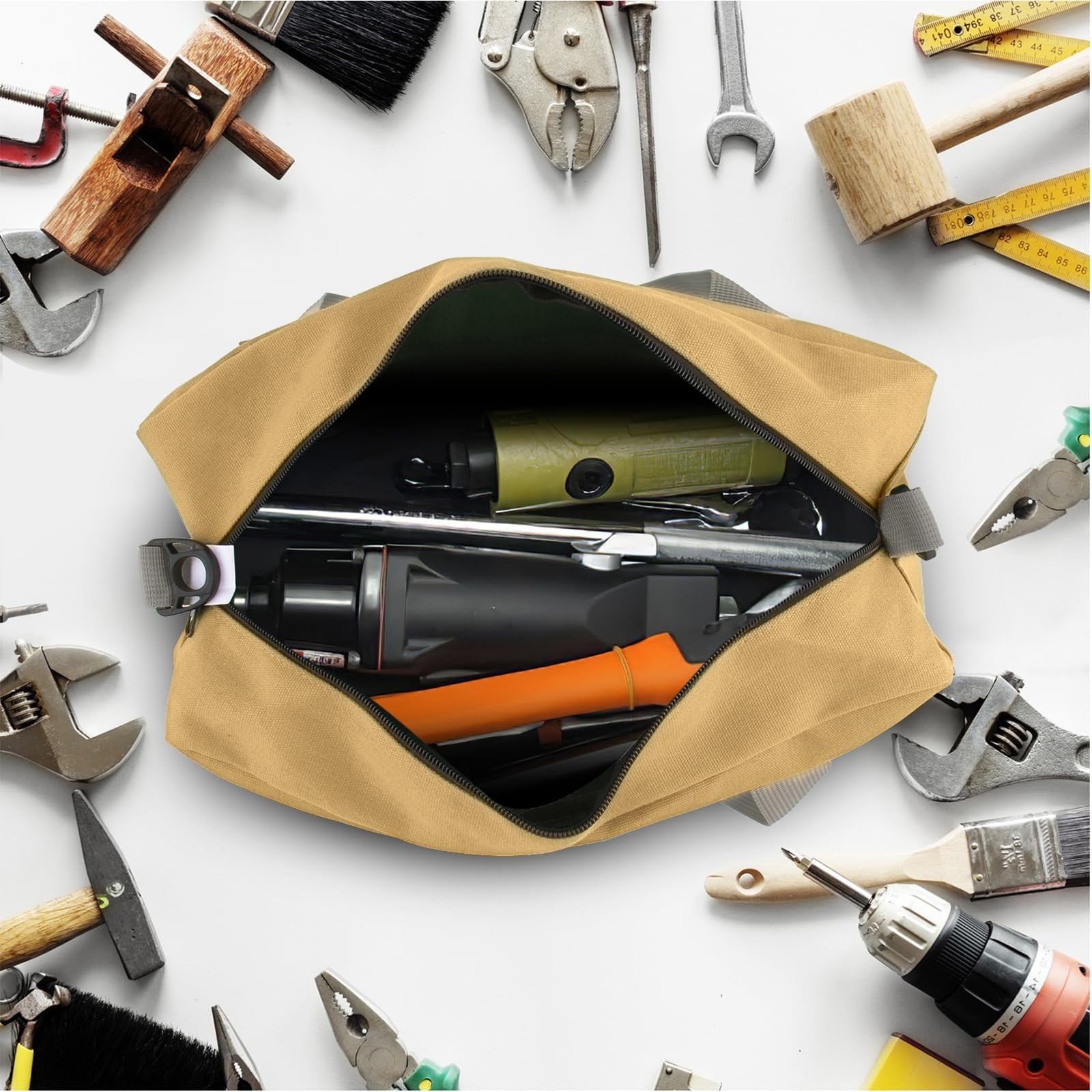 Small Tool Bag, Canvas Storage Large Capacity 18 inch, khaki