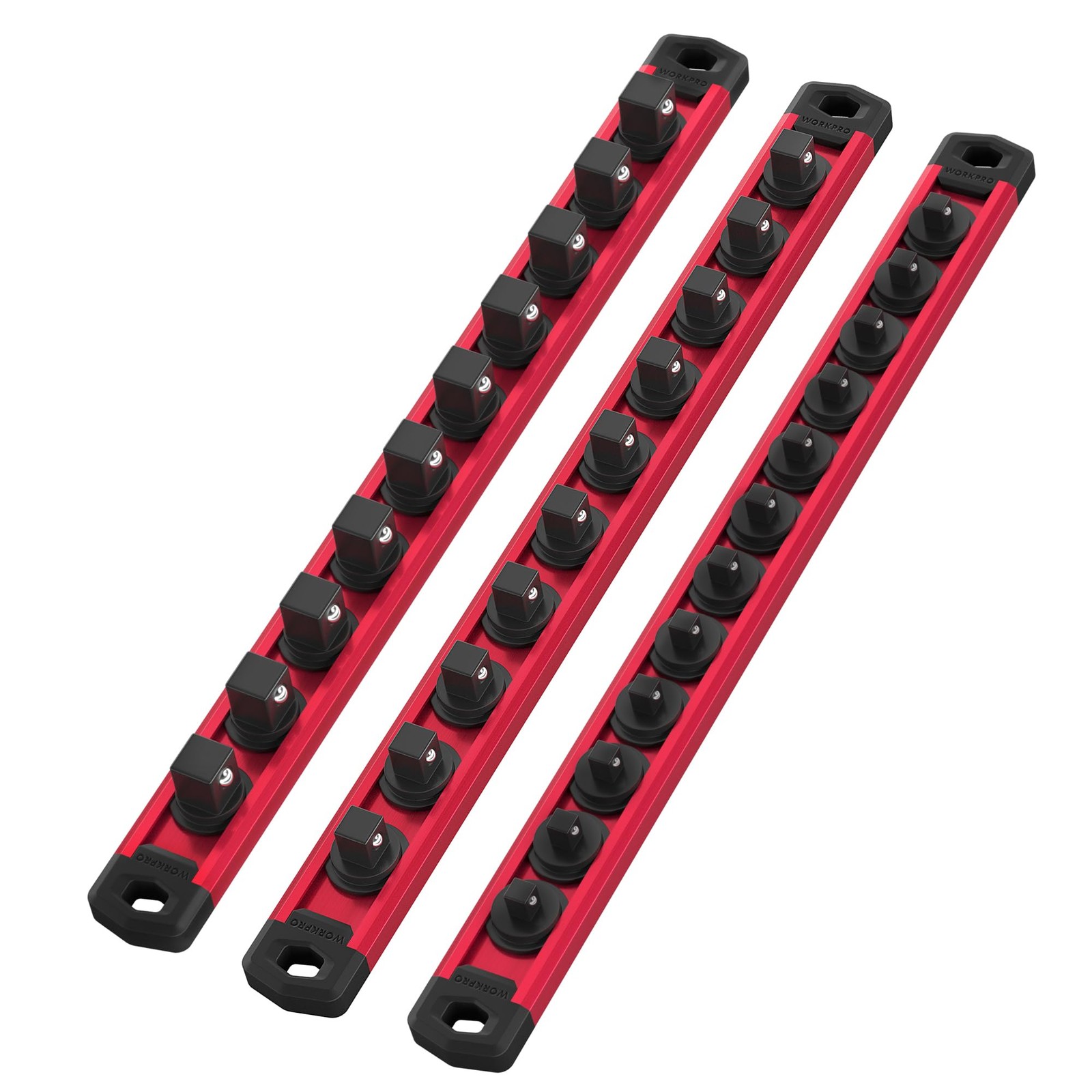 WORKPRO Magnetic Socket Organizer Set, 3 Pieces-1/4″, 3/8″, & 1/2″ DR, Red
