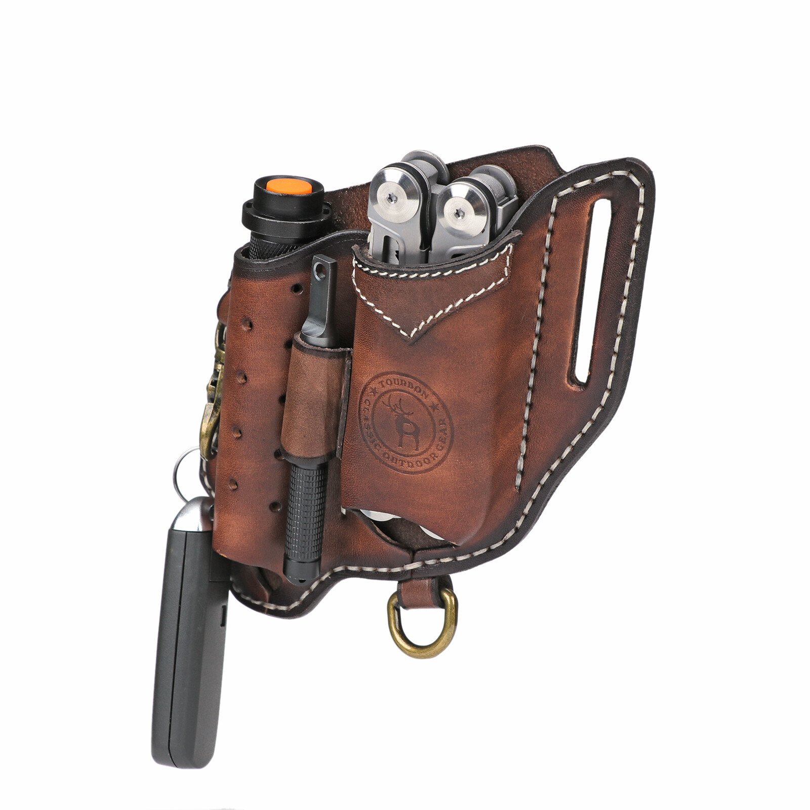 TOURBON Leather Multitools Organizer Flashlight Holder Pen Belt Holster EDC Case