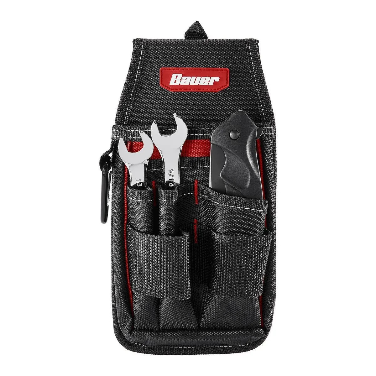 BAUER TOOL BELT 5 POCKET/POUCH & 2 LOOPS #58522 BLACK RED POLYESTER w/CARABINER
