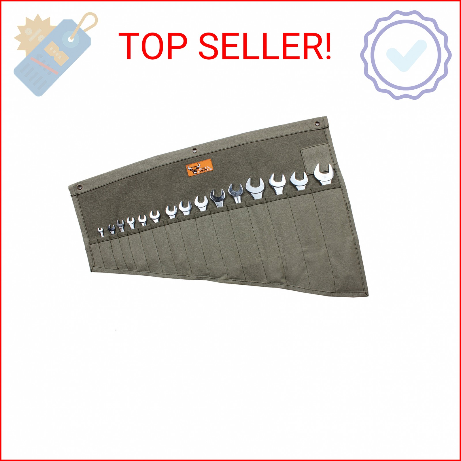 BULL TOOLS Wrench Roll, 16 Pocket Tool Pouch, Tool Bag Wrench Organizer Metric &