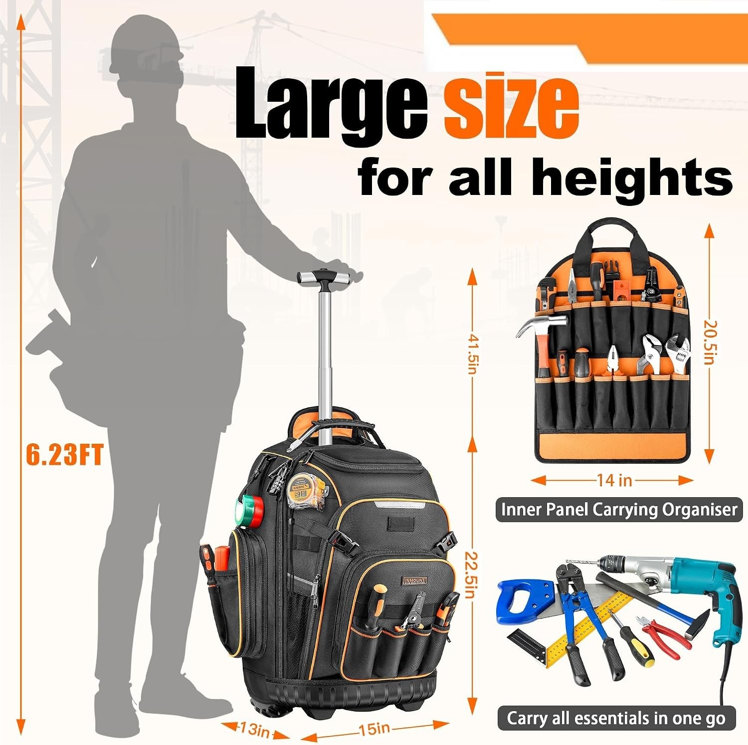 Tool Backpack with Smooth Swivel Wheels and Adjustable Trolley Handle