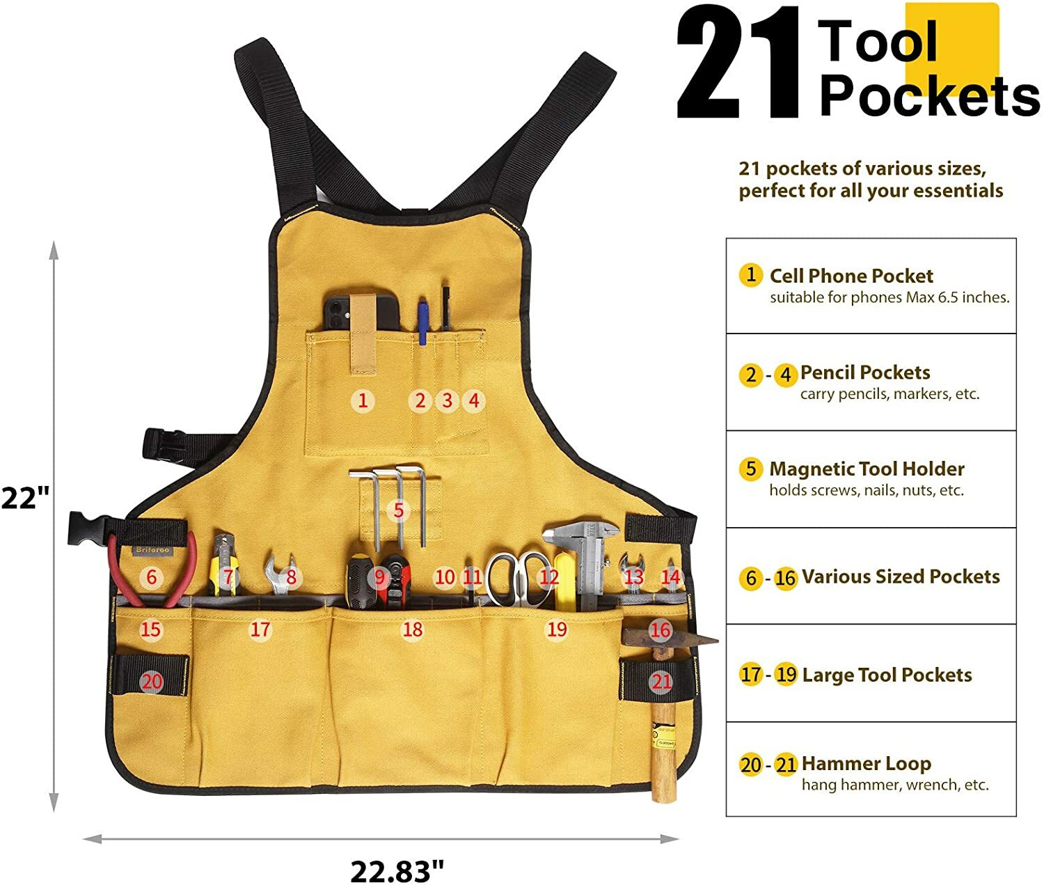 Briteree Work Tool Apron Torso Length with 21 Tools Pockets Magnetic Tool Holder