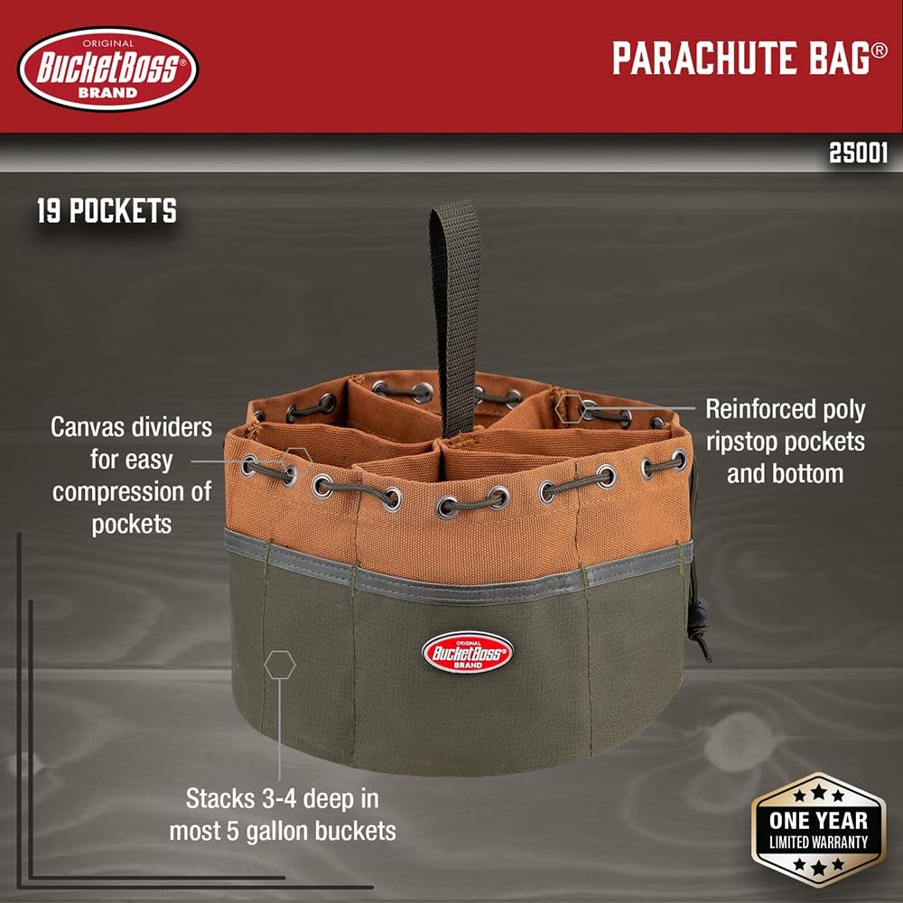 Canvas Organizer Parachute Bag 19 Pockets 10″D x 6.5″H – Fits 5 Gallon Buckets