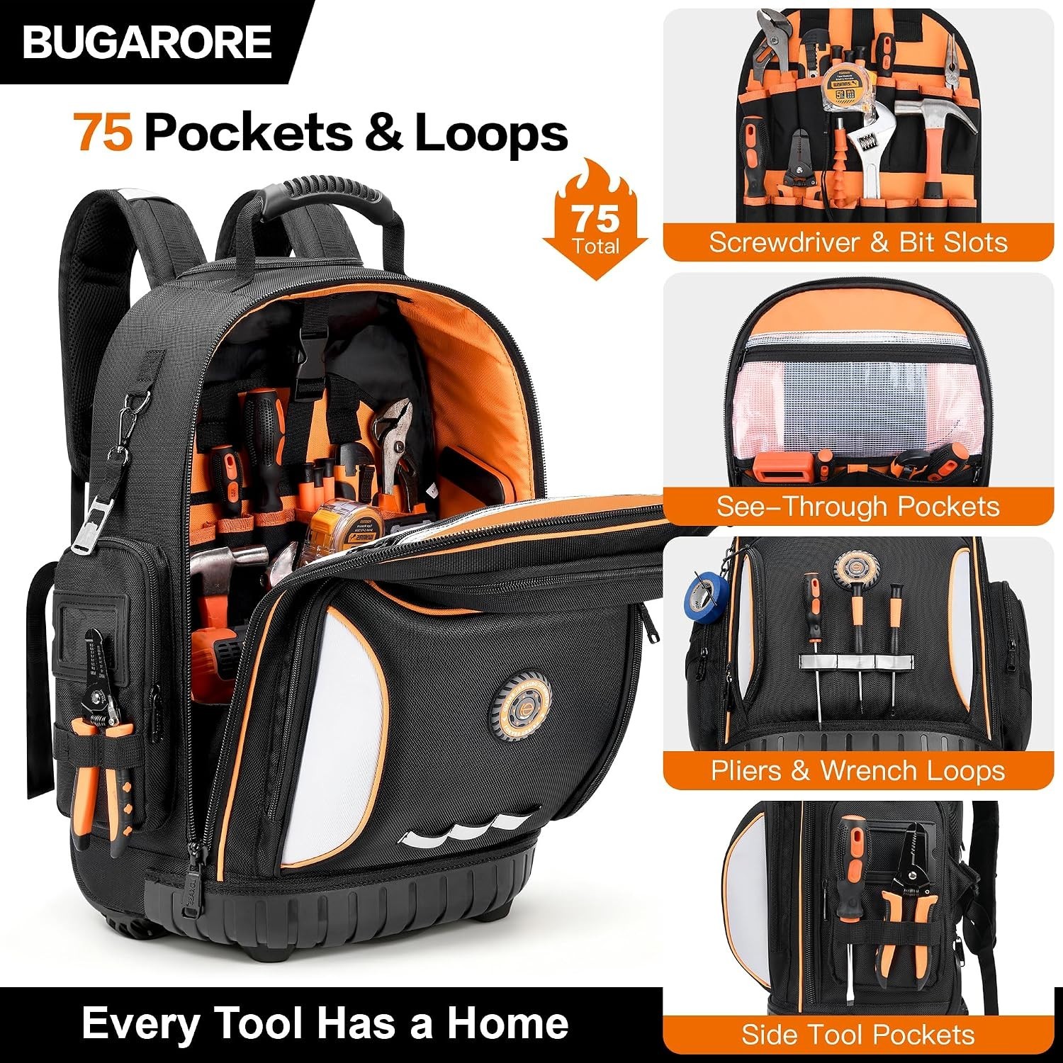 75 Pocket 16″ Waterproof Tool Backpack with Combination Lock for Professionals