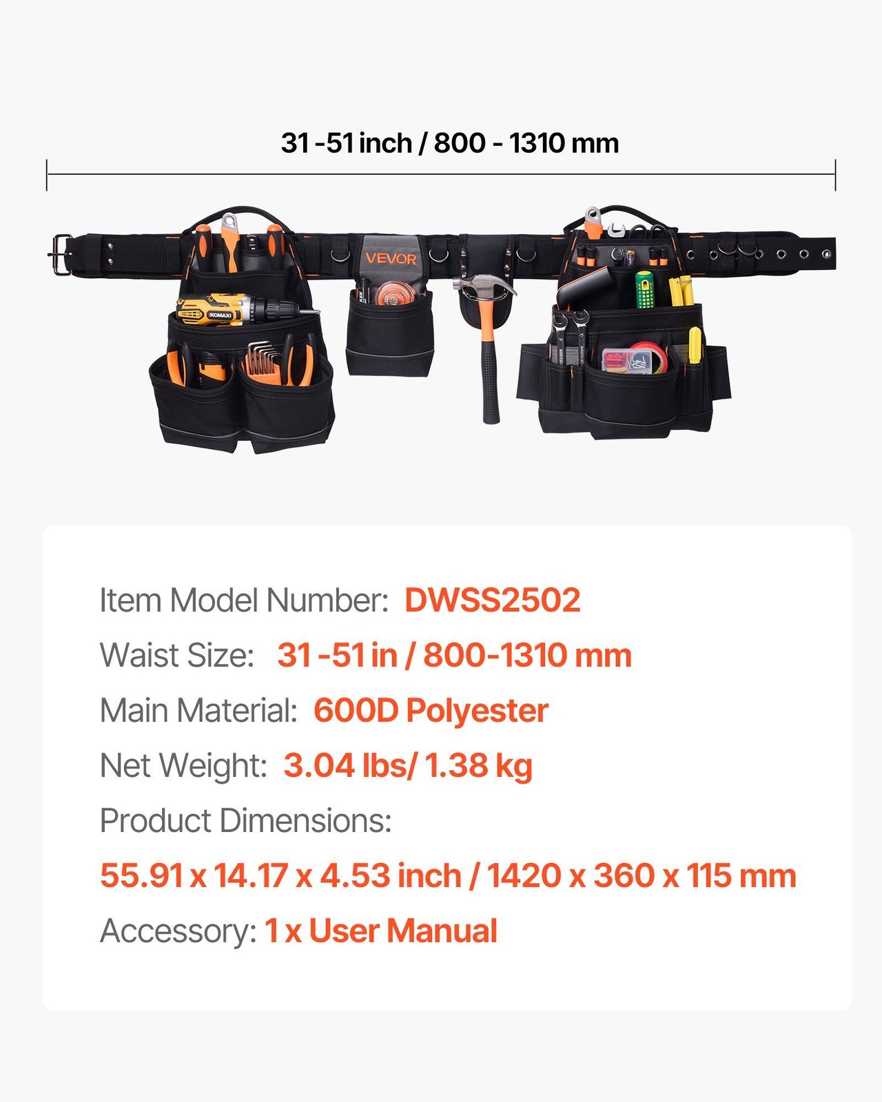 Tear-Resistant 18-Pocket Tool Belt with 600D Full Protection