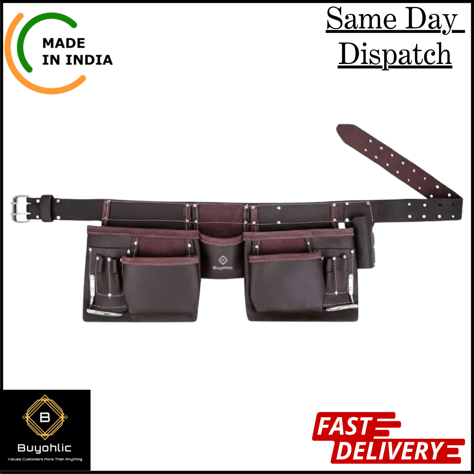 Leather Tool Belt Pouch Bag, 12-Pocket Extra Large Tool Belt, Fits 28″–40″ Waist