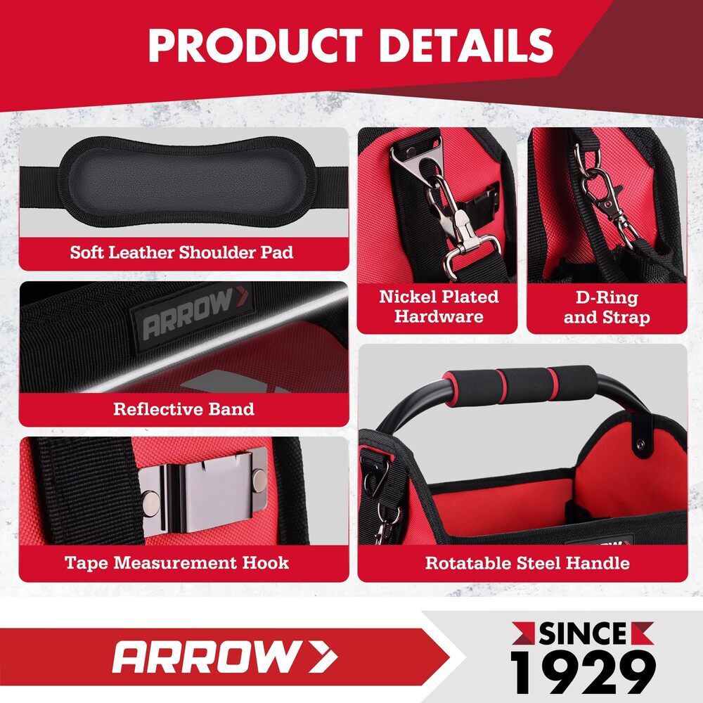 ARROW 12″ Electrician Tool Tote with Waterproof Hard Base with 19 Pockets USA