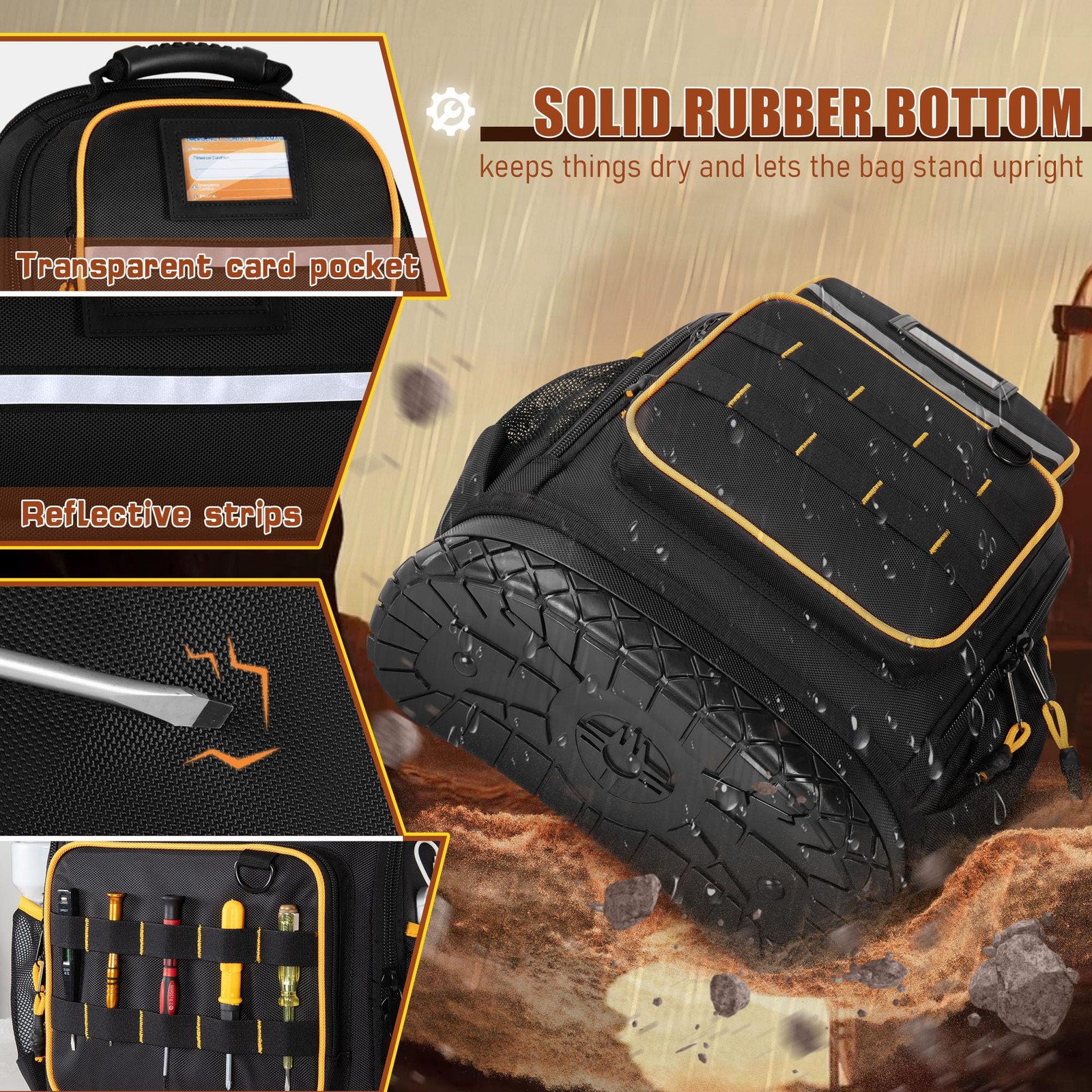 Tool Backpack with Hard Bottom and a Tool Pouch, Heavy Duty Tool Bag with Mul…