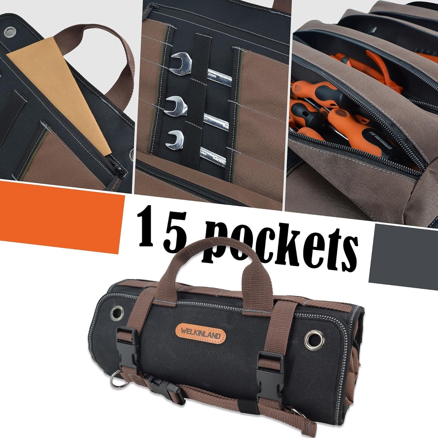 15-Pockets Heavy-Duty Tool Wrap Roll, 15L Tool Up Roll Bags
