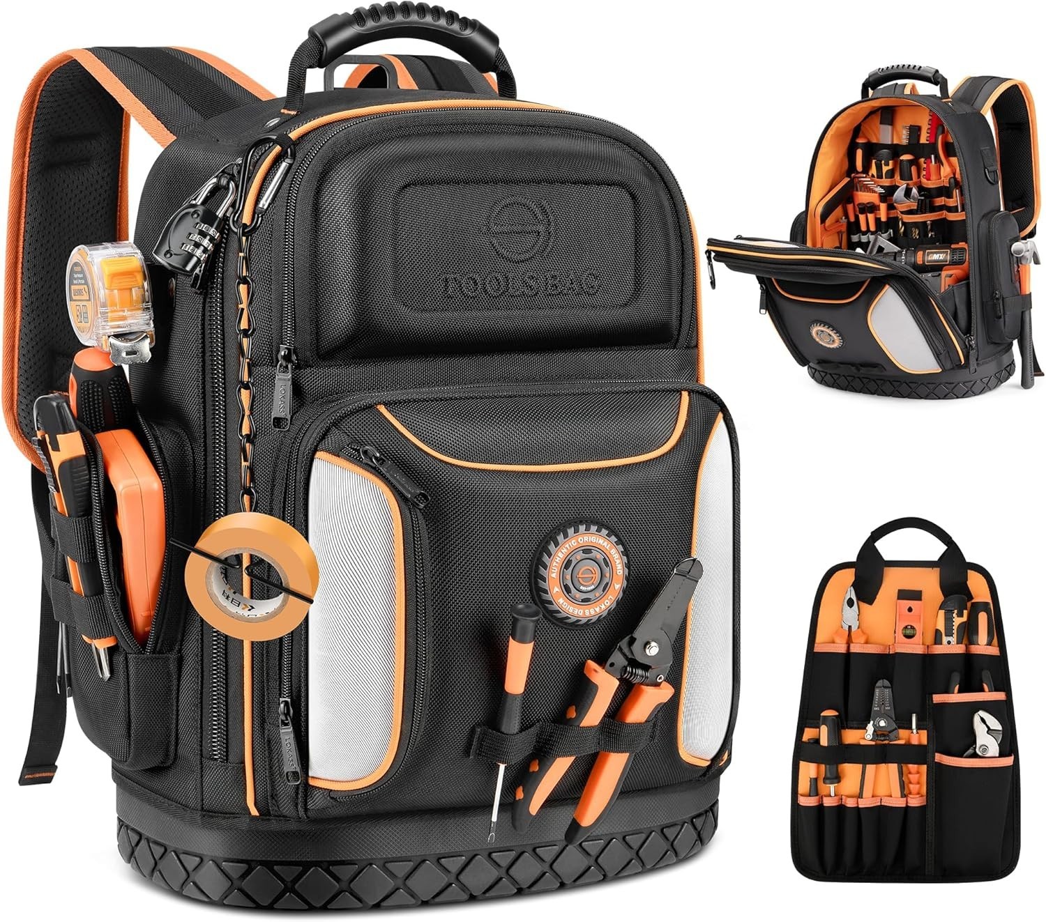 Professional Tool Backpack with 75 Pockets & Pull-Out Storage – Black & Orange