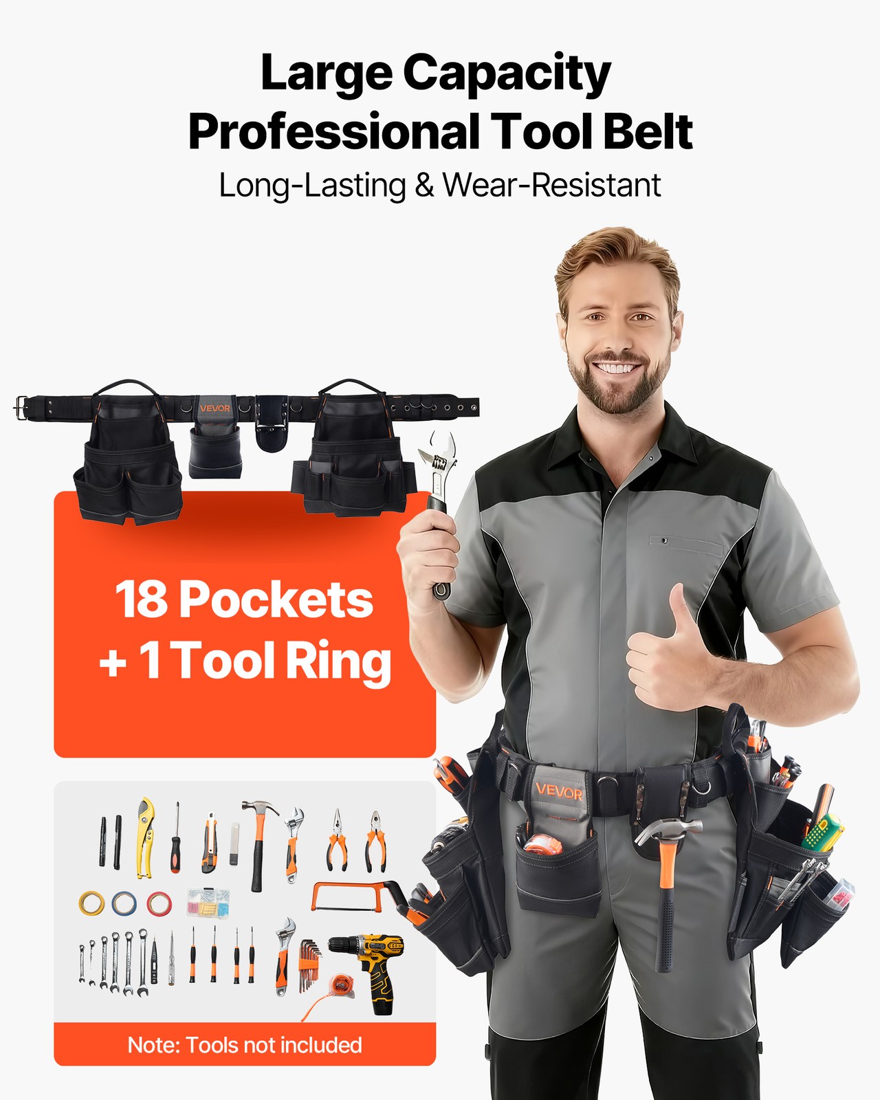 VEVOR Tool Belt Electricians Work Belt 18 Pocket Heavy Duty Tool Pouch Organizer