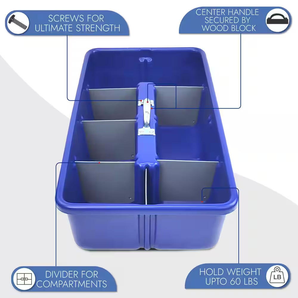 Professional Grade 25 In. Blue Polyethylene Tote Tray with 6-Dividers