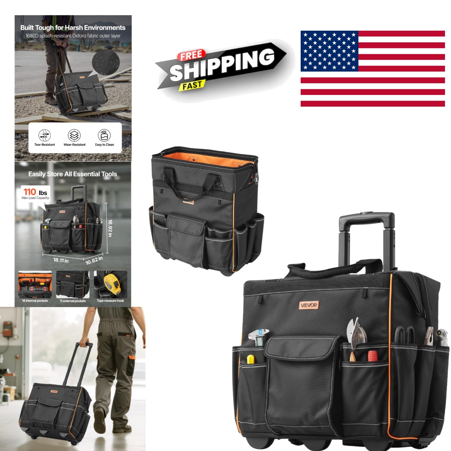 Water Resistant Tool Bag 18 Inch with Adjustable Handle and 110 Load Capacity