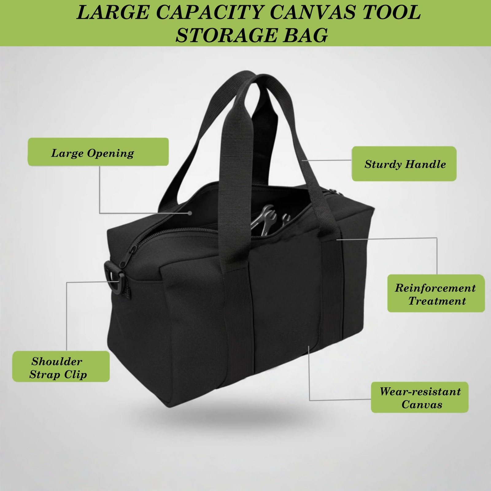 Canvas Wide Mouth Tool Bag, Large Capacity Bags for Men, 14 Inch, Black