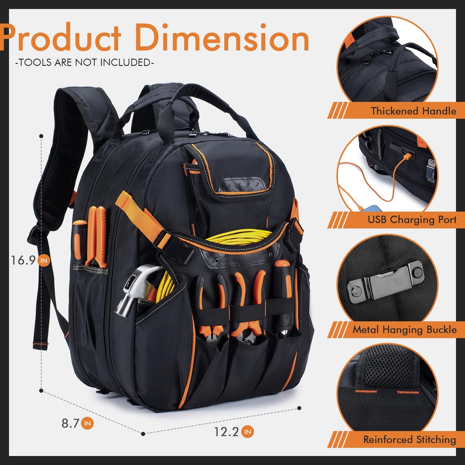 BAGZY Tool Backpack Heavy Duty 52 Pockets 16.9 x 12.2 x 8.7 inches, Blue