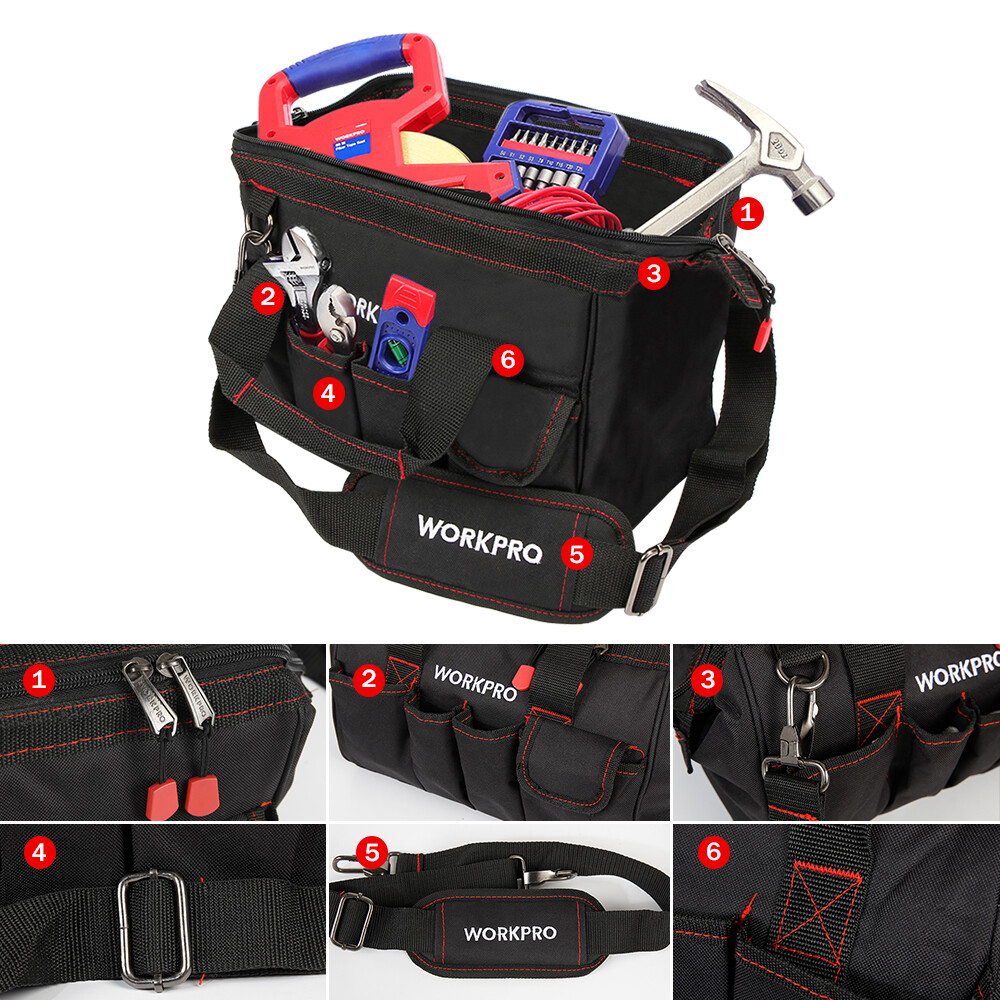 Workpro 12″ Compact Close Top Wide Mouth Storage Tool Bags 500D Polyester Fabric