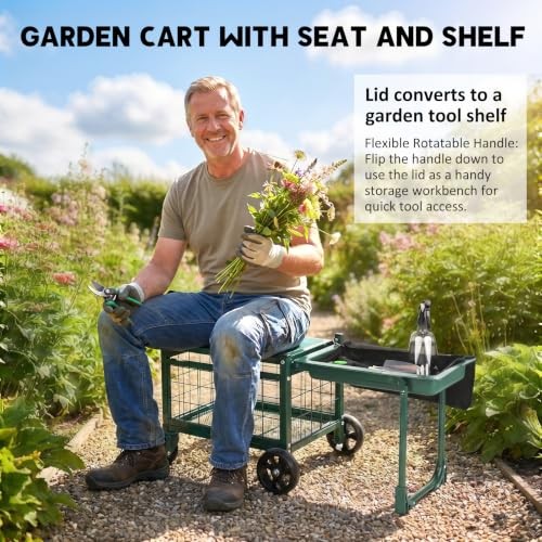 Garden Cart with Seat and 360° Swivel Wheels, Rolling Garden Work Seat with