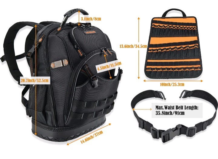 Welkinland 77-Pockets Electricians Backpack, Tool Backpack, HVAC Tool Bag