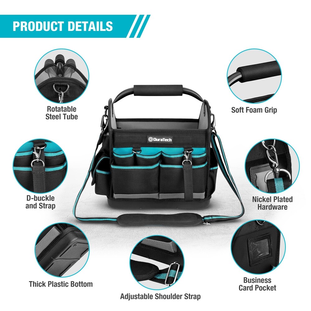 DURATECH 12″ Tool Tote Open Top Tool Bag Wide Mouth Tool Bag Tote w/Multi-Pocket