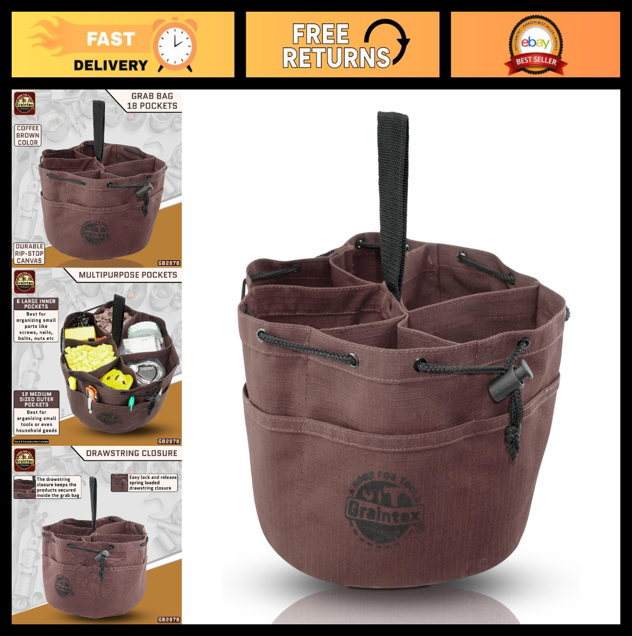 18 Pocket Canvas Drawstring Grab Bag – Tool Organizer Pouch for Small Parts & Sc