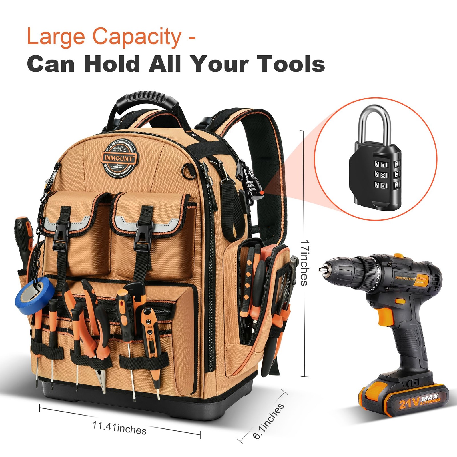 LOKASS Tool Backpack Heavy Duty with Molded Bottom, 1680D 56-Pocket Tool Bag …