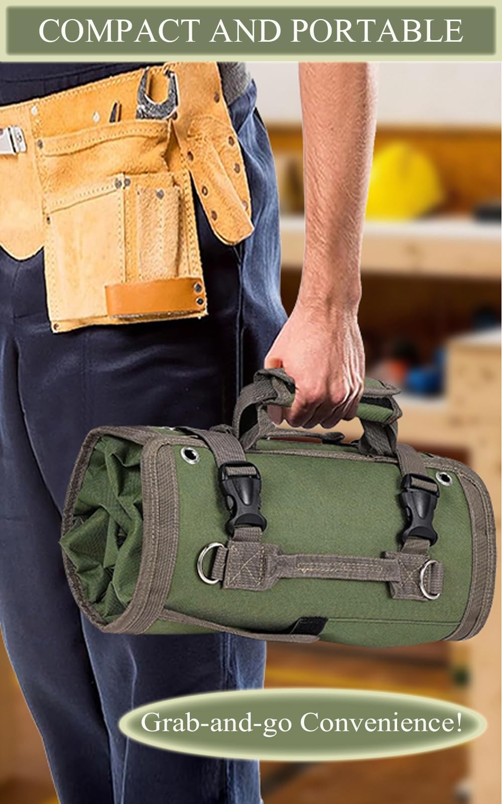 Roll Up Tool Bag Portable Folding Detachable Pouch Heavy Duty Storage Green