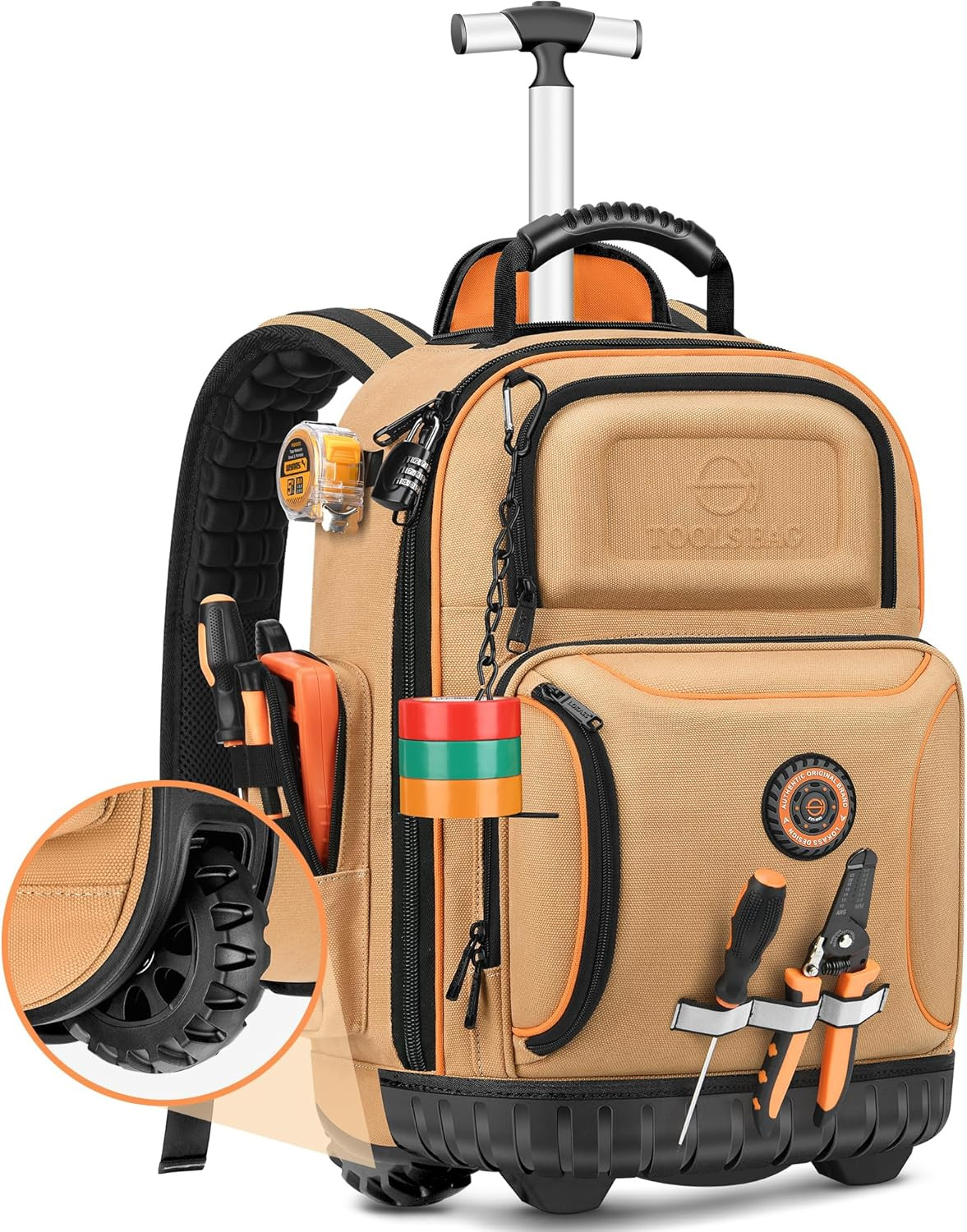 Wheeled Tool Backpack for Electricians – 75 Pockets, Durable Brown Design