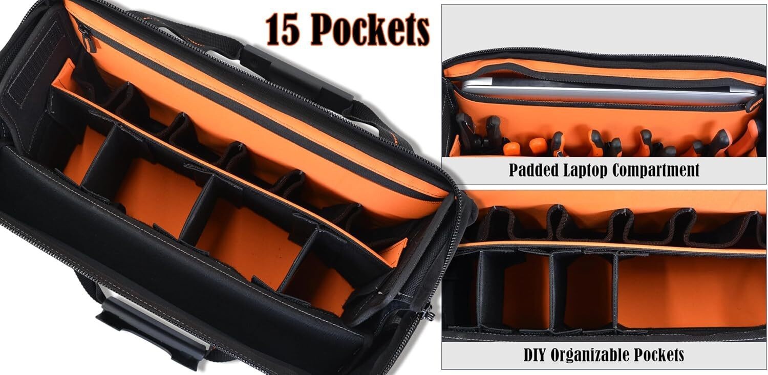 ✅ WELKINLAND 15-Pockets Electrician Tool Box Bag, Large – Open Black Orange ✅