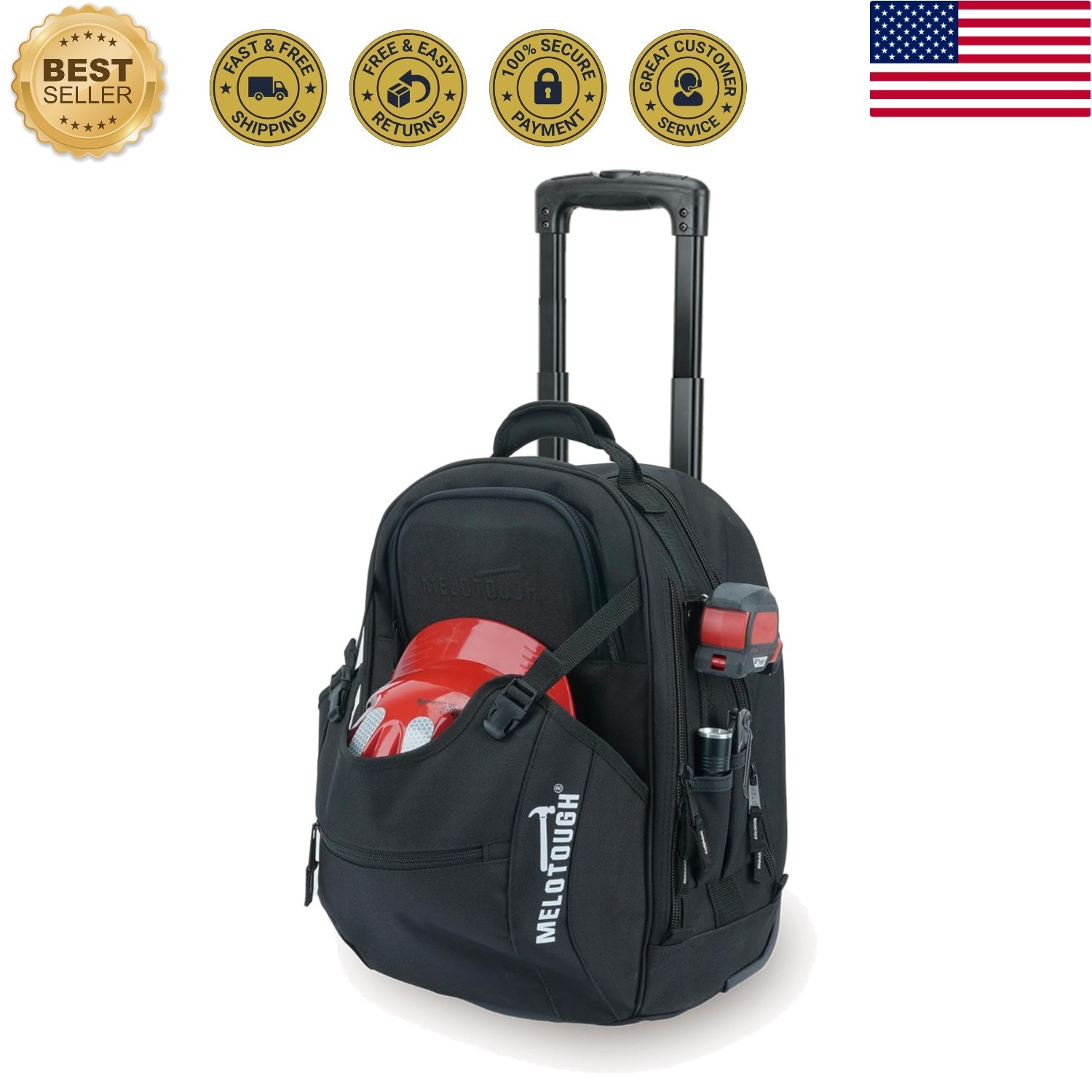 Rolling Tool Bag with Telescoping Handle 35 Pockets Wheeled Electrician Backp…