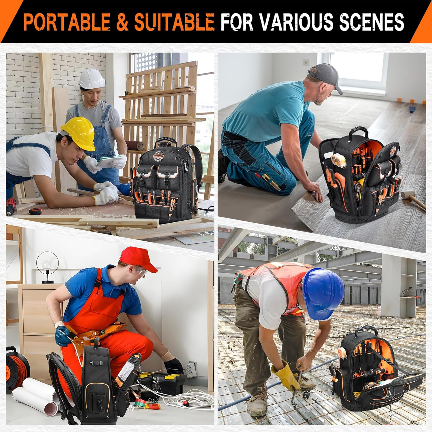 Tool Backpack Heavy Duty with Molded Bottom, 1680D 56-Pocket Tool Bag Organizer