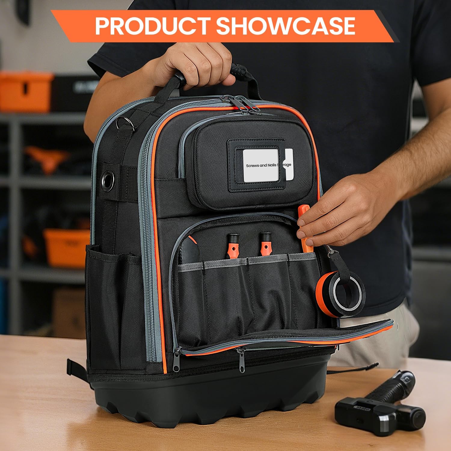 Tool Backpack, 35 Pockets, 18.5 x 13.7 x 7.8 Inches, Black and Orange, Water-…