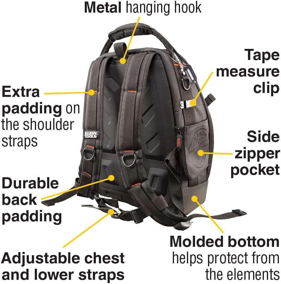 Klein Tools 55485 Tool Bag Backpack, Durable Electrician Backpack, Polyester