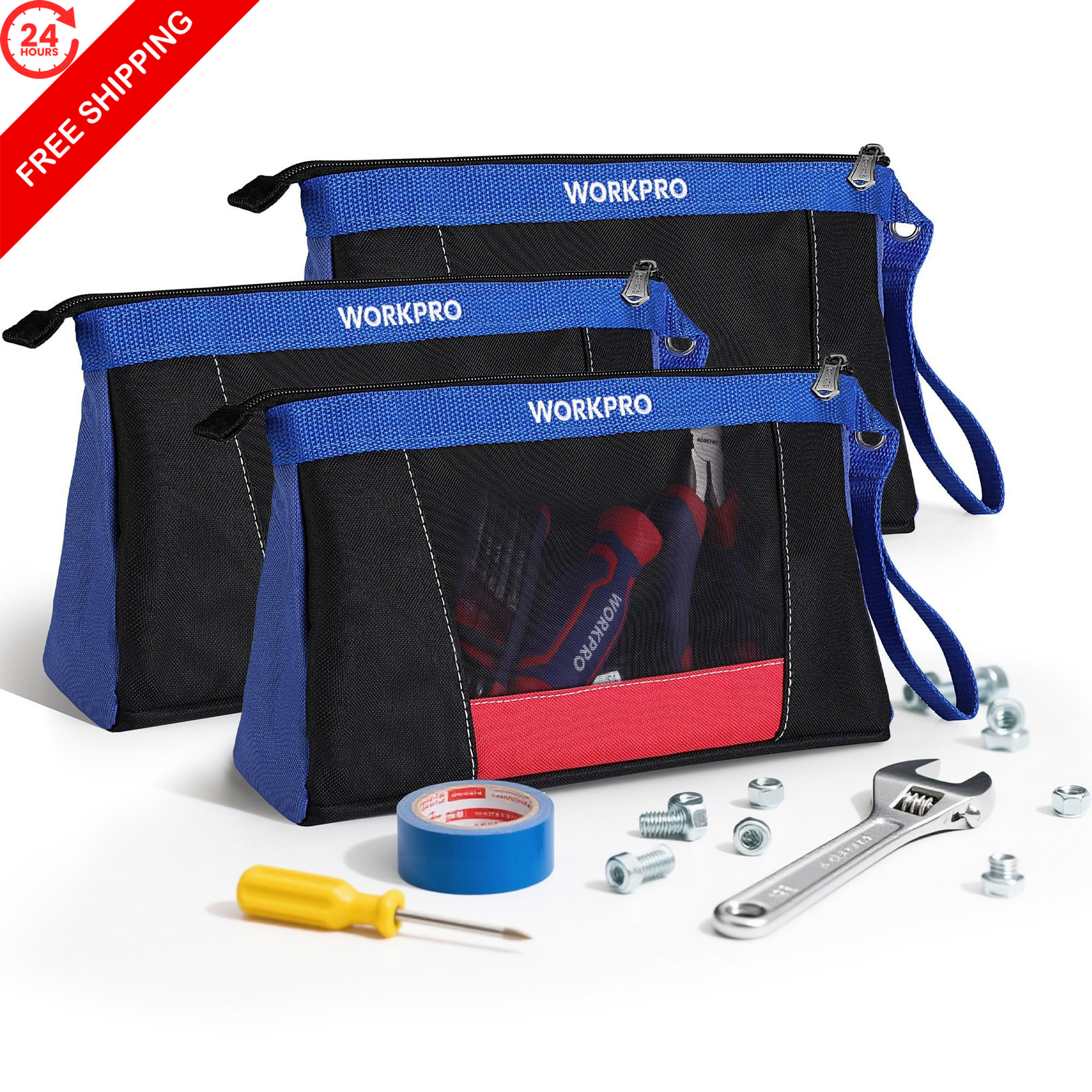 WORKPRO 12″ Tool Pouches with Zipper, Heavy-Duty Small Bag, 12″, Black