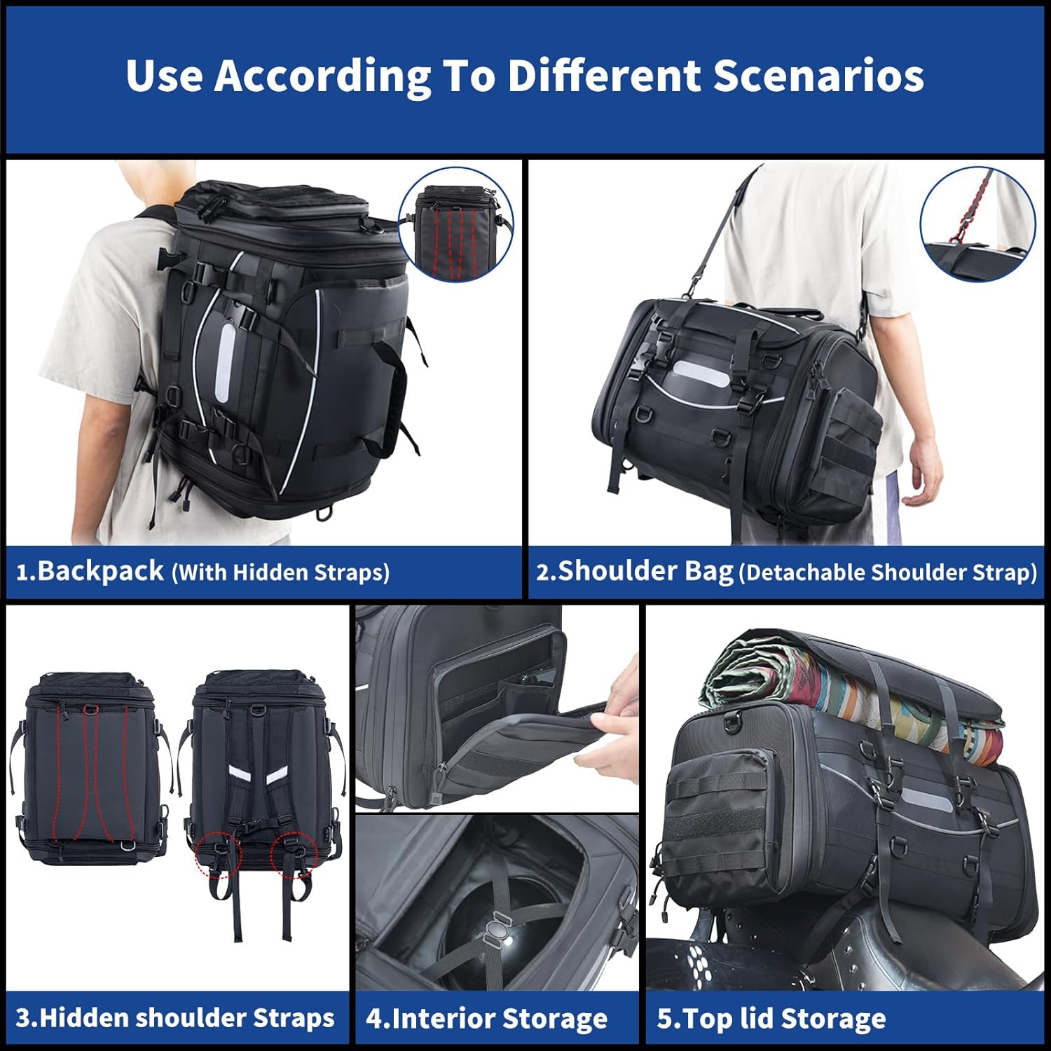 Universal Motorcycle Travel Luggage, Expandable Tail Bag 40-60L(10-15 Gallon), A